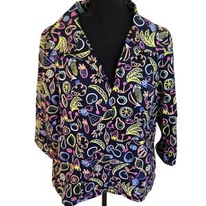 Cali Girls Womens Abstract Fruit Print 3/4 Sleeve Top Navy Multicolor Medium